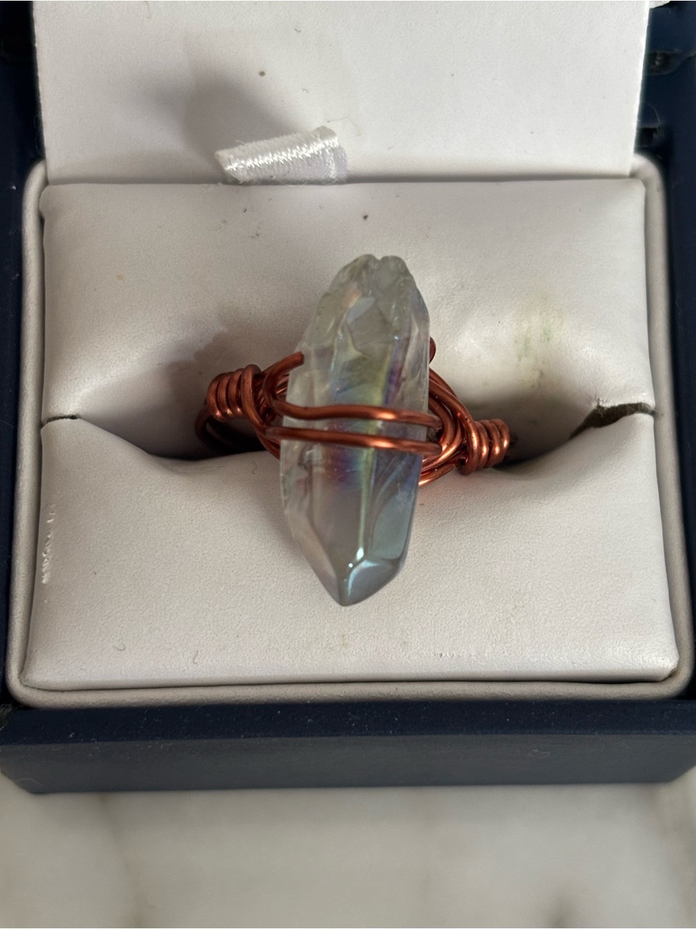 Handcrafted Angel Aura Quartz Crystal Ring with Copper Wire - Iridescent